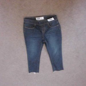 blue jeans frizzy bottoms skinny jeans no button light brown stitching Old Navy